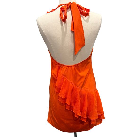 Alice + Olivia Silk Halter Backless Mini Dress Asymmetrical Ruffle Orange Sz Med - Picture 3 of 13
